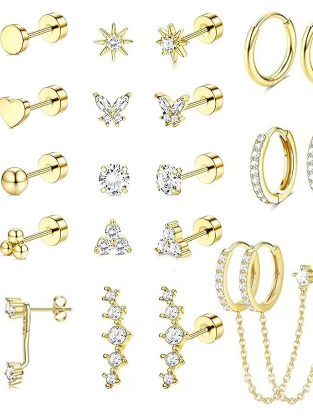 Exquisite Gold Flat Back & Hoop Earrings Set - Hypoallergenic for Sensitive Ears